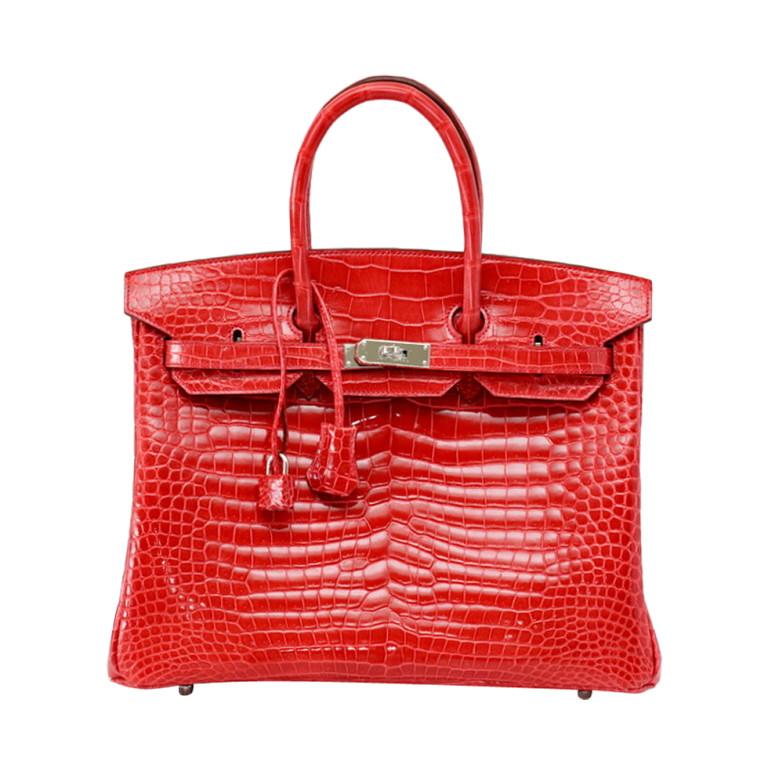 Birkin 35 Bag Porosus Crocodile Bougainvillea Palladium