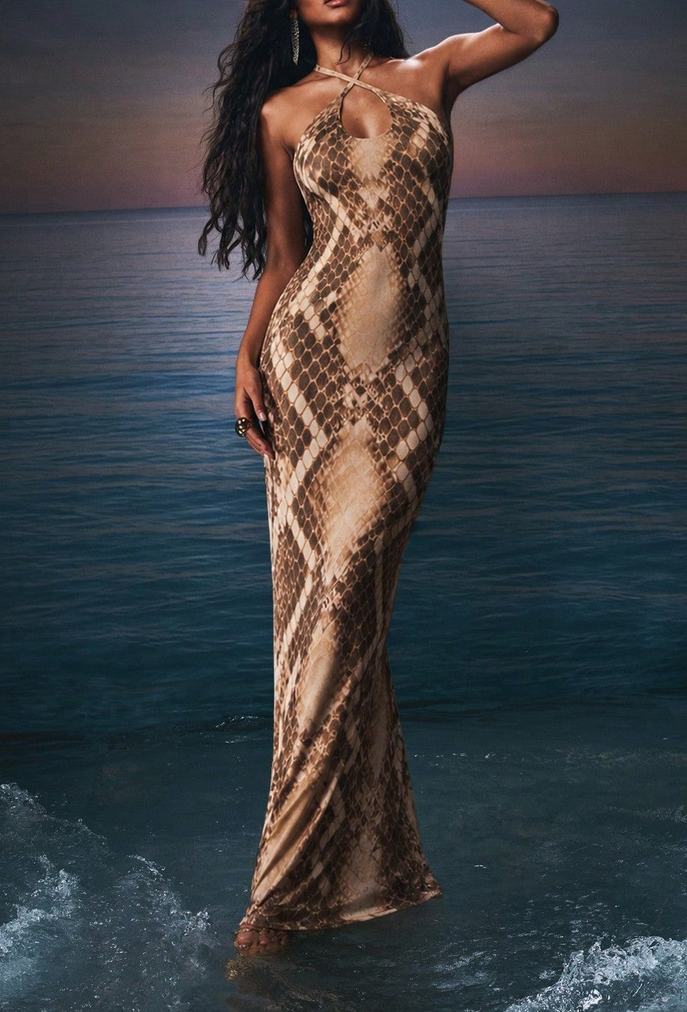 Schlangenprint Halter-Neck-Maxi-Bluse mit Flare-Rückseite