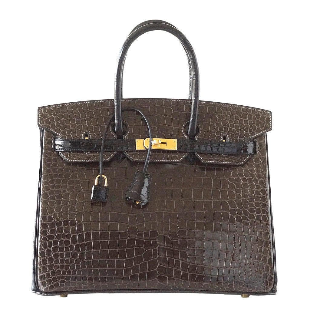 Birkin 35 Bag HSS Porosus Crocodile Gris Elephant / Black Gold Hdw