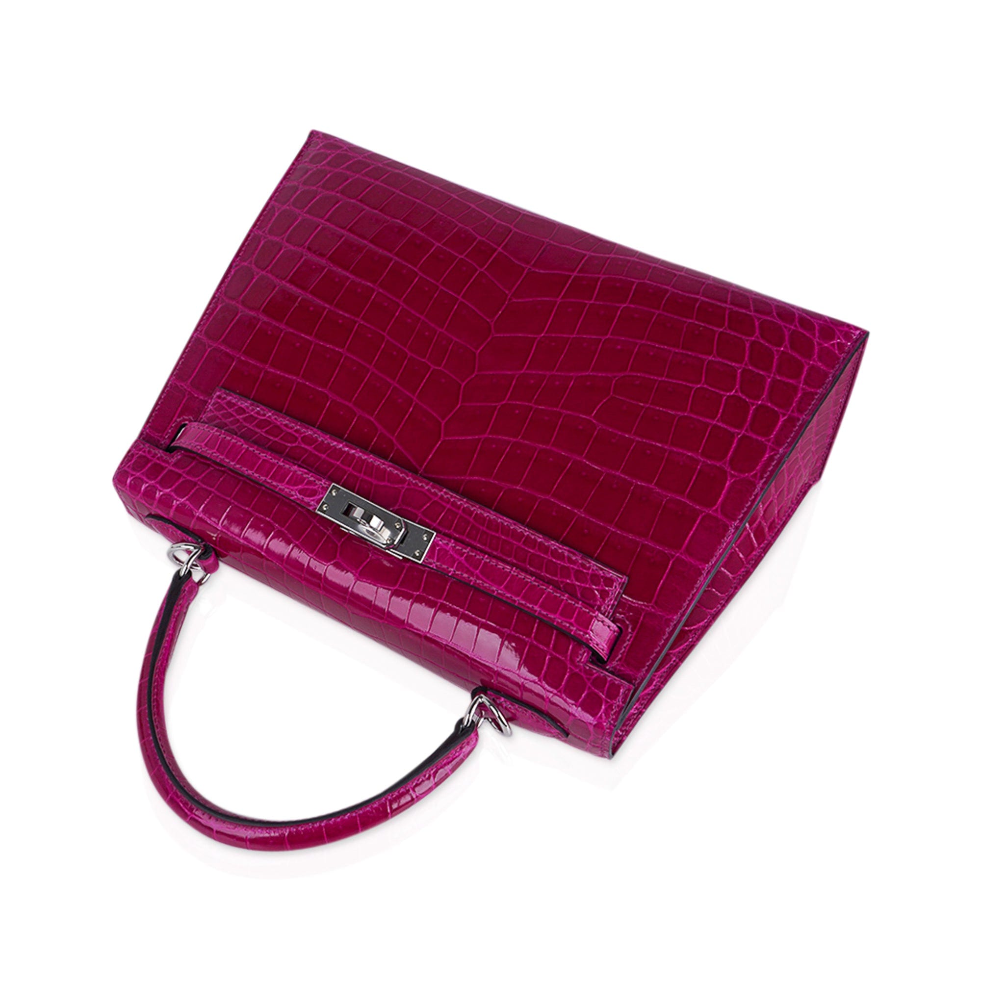 Kelly 25 Sellier Bag Rose Pourpre Crocodile with Palladium Hardware