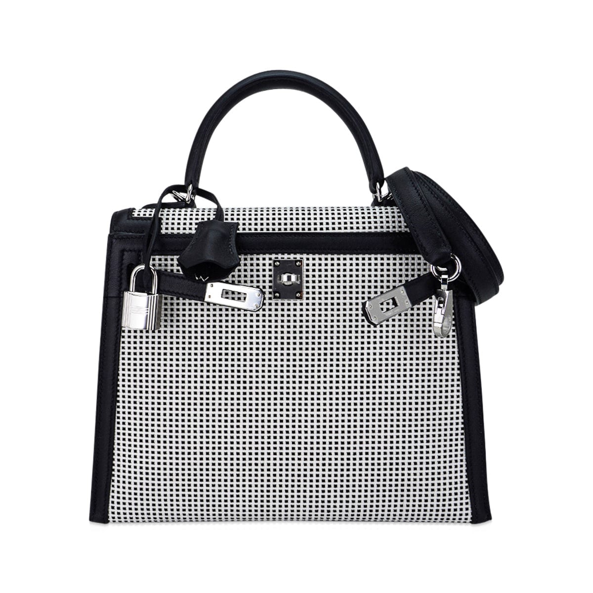 Kelly 25 Sellier Bag Quadrille Black & White Viking Toile Swift Leather with Palladium Hardware