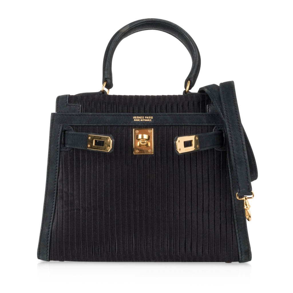 Kelly 20 Mini Vintage Bag Black Pleated Silk Suede Trim Gold Hardware